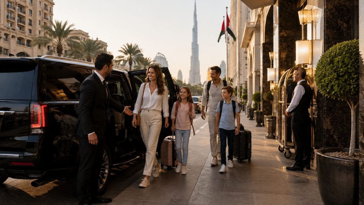 Private vehicle with luggage and the Burj Khalifa in the background